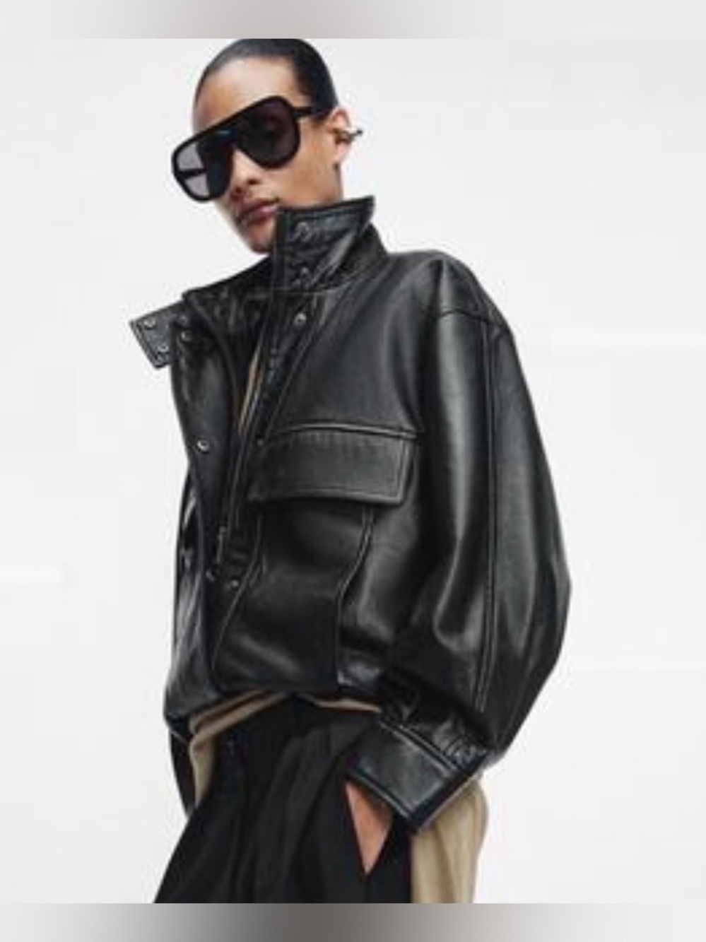 Zara Black Women's Leather Bomber Jacket -